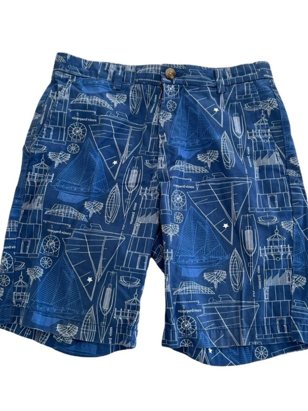 Vineyard Vines Navy Blue Shorts with White Nautical Print and Pink Whale Patch
